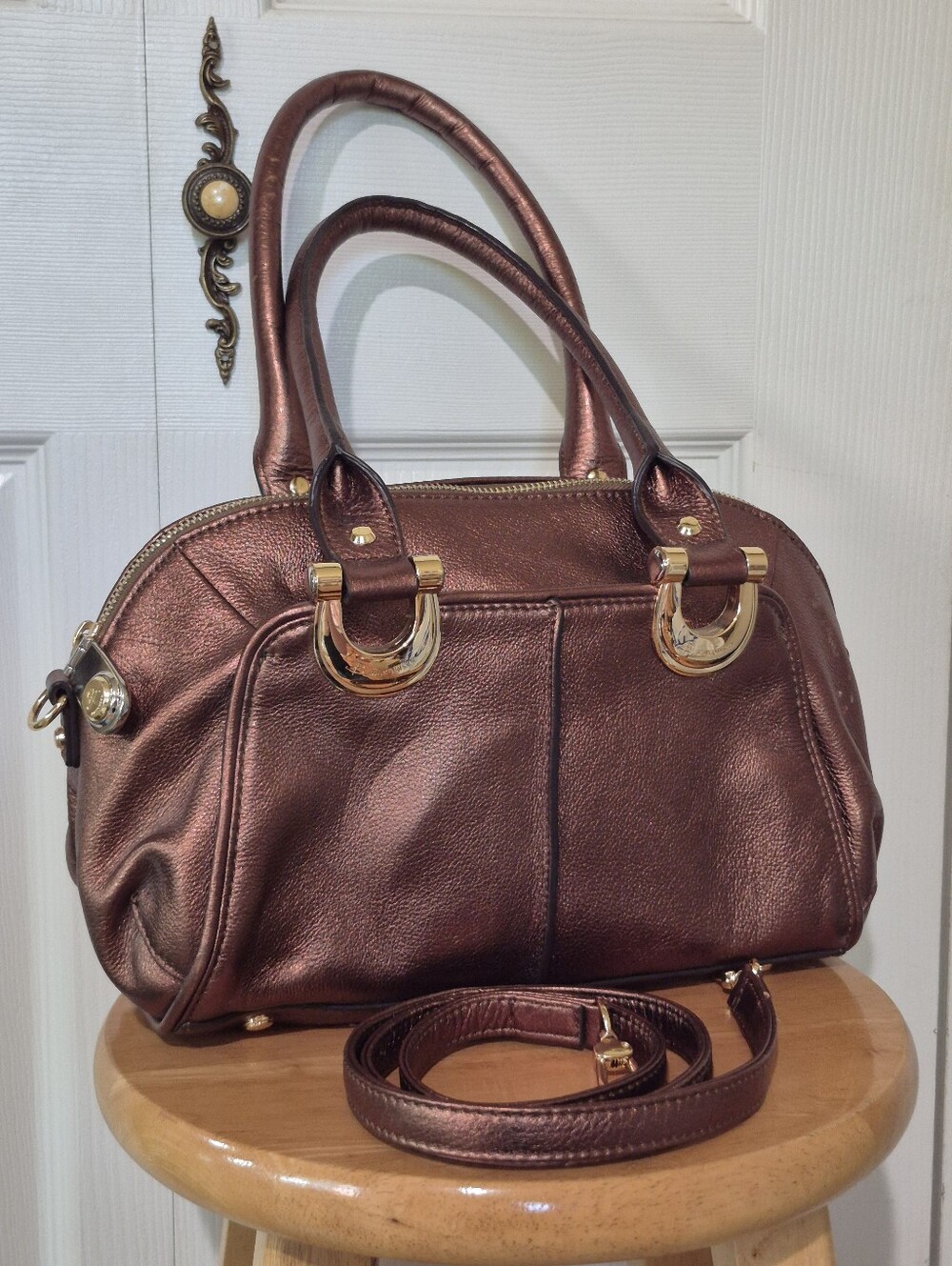 B. Makowsky Bronze Metalic Leather Tite Bag With Quilted Purple Satin Lining